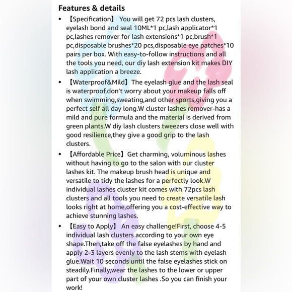 DIY Lash Extension Kit w/72 Pcs D Curl Cluster Lashes Bond & Seal Lashes Remover - Picture 7 of 9